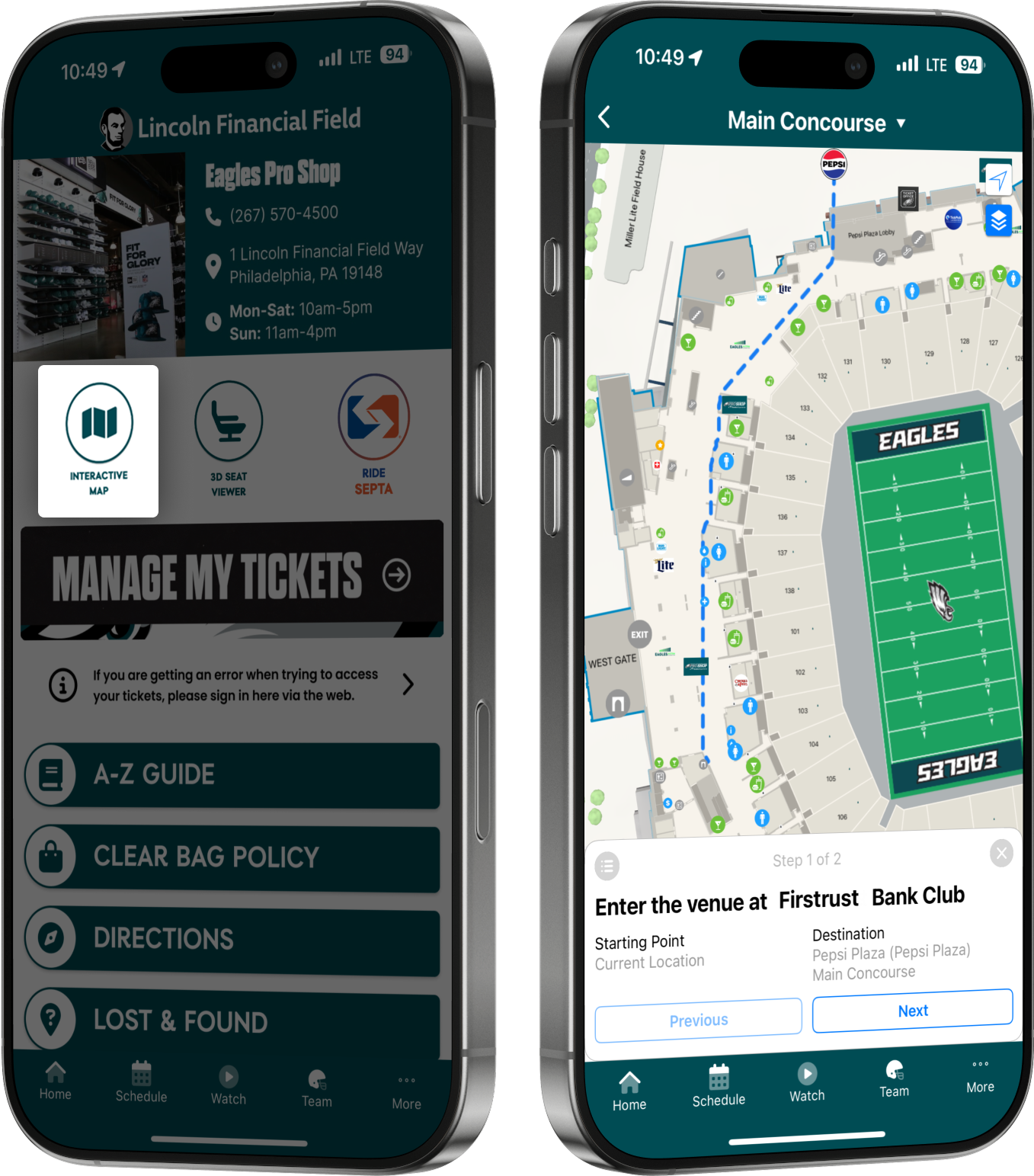 Navigate Lincoln Financial Field like never before with the Eagles Mobile App’s Stadium Interactive Map.